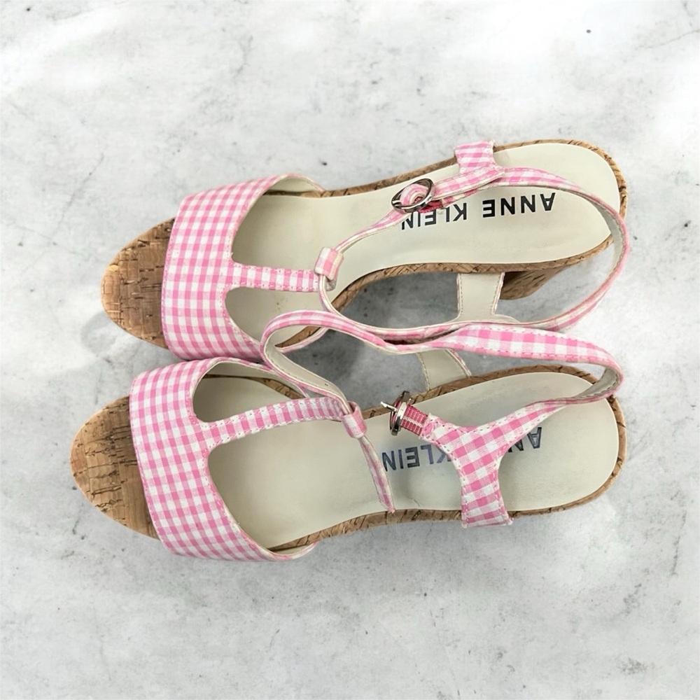 Anne Klein Pink Gingham Heels with Cork Wedge - Picture 2 of 7